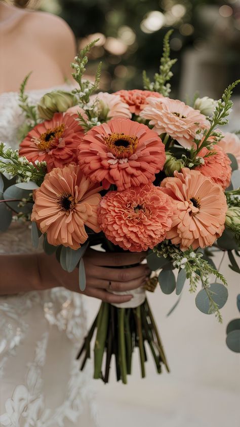 Zinnias Bouquet, Zinnia Bridal Bouquet, Coral Flower Arrangements, Zinnia Wedding Bouquet, Zinnia Wedding, Wedding Flowers Peach, Homecoming Bouquet, Bouquet Recipes, Zinnia Bouquet