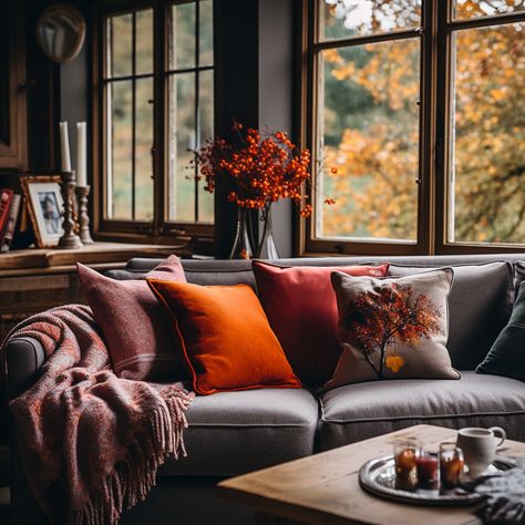 "Revitalize your living space with a vibrant mix of grey, orange, and red cushions on a grey sofa! This lively trio can instantly elevate the aesthetics of your room, offering a chic and inviting appeal. 🌟 Dive into a world of vibrant cushion styles by clicking the link! 🏡🌈" #VibrantCushions #GreySofa #ColorfulHome #MixedCushions #RedAndOrange #InteriorInspiration #ChicHomeDecor #InvitingSpaces #CushionCovers #Cushions 🧡❤️ Grey Sofa Orange Cushions, Grey Couch Orange Pillows, Orange And Burgundy Living Room, Grey And Rust Living Room Decor, Grey And Burnt Orange Living Room, Green Cushions Living Room, Grey And Orange Living Room, Violet Living Room, Grey Sofa Design