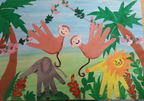 Hand print jungle animals Jungle Animals Preschool, Square 1 Art, Animals Preschool, Jungle Painting, Safari Art, Jungle Scene, Vbs Ideas, Handprint Crafts, Kids Artwork