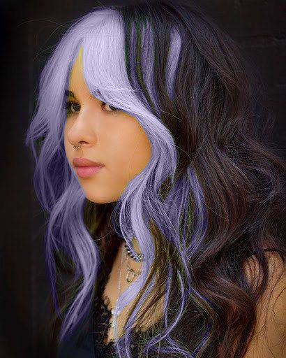 Funky Hair Color Ideas For Dark Hair, Two Toned Hair Color Ideas For Brunettes, Beetle Juice Hair Color, Cool Money Piece Hair, Popular Hair Dye Styles, Cute Colors For Hair, Hair Styles With Colored Hair, Color Hair Ideas For Black Hair, Dark Brown And Colored Hair