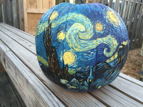 My "The Starry Night" painted pumpkin Pumpkin Painting Starry Night, Van Gogh Pumpkin Painting, Intricate Pumpkin Painting, Starry Night Pumpkin Painting, Detailed Pumpkin Painting, Van Gogh Pumpkin, Starry Night Pumpkin, Pumpkin Drawings, Cute Painted Pumpkin Ideas