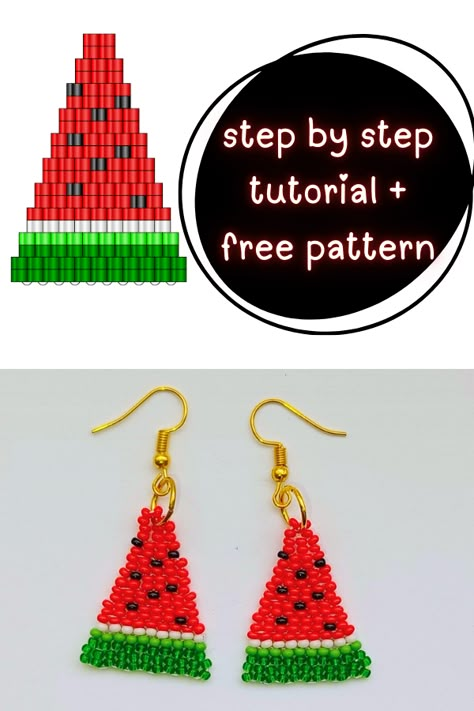 How to Make Watermelon Beaded Earrings - Style Zuri Beaded Watermelon Earrings, Beaded Watermelon, Watermelon Earrings, Making Earrings, The Brick, Beading Tutorials, Brick Stitch, Bead Jewelry, Jewelry Tutorials