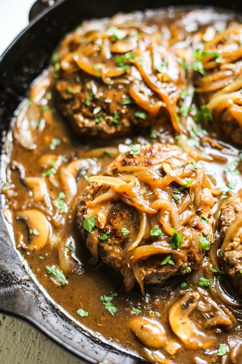 Southern-Style Hamburger Steaks with Onion and Mushroom Gravy – The Defined Dish *for scd use coconut flour instead of arrowroot, and a little fish sauce instead of coconut aminos Turkey Salisbury Steak, Hamburger Steak Recipes, Hamburger Steaks, Resep Smoothie, Salisbury Steak Recipes, How To Cook Burgers, Hamburger Steak, Healthy Turkey, Onion Gravy