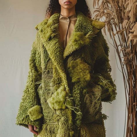 Introducing the “Moss Elegance” coat, inspired by the lush greenery of forest moss. Soft, flowing, and adorned with delicate details, it captures the essence of nature’s beauty in every stitch. Conceptual AI Art Follow @ecosapiens for more! Into The Woods Costumes, Moss Fashion, Forest Moss, Into The Woods, Lush Greenery, Delicate Details, Character Inspo, Lush, Essence