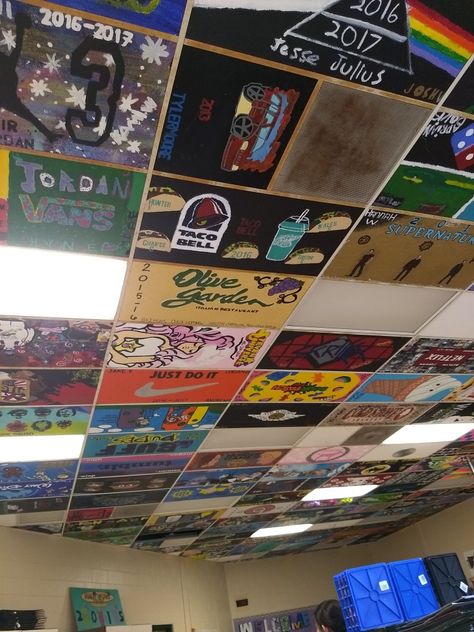 Ceiling Tiles Ideas School, Classroom Ceiling Tile Art, Senior Tile Ideas Ceilings, Senior Ceiling Tile Ideas Art, Painting Ceiling Tiles School Ideas, Senior Ceiling Tiles, Posters On Ceiling, Ceiling Tile Painting Ideas School, Ceiling Tile Painting