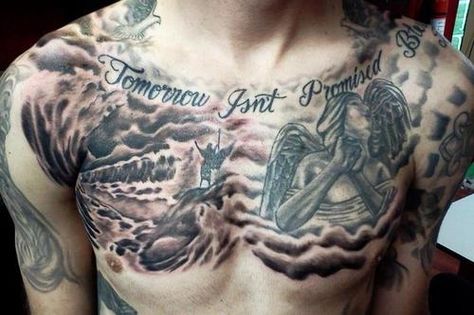 Religious Chest Piece Cloud Chest Tattoo, Chest Quotes, Chest Tattoo Clouds, Tattoo With Quote, Quote For Men, Cloud Tattoo Design, Biomechanical Tattoo Design, Wild Tattoo, Cloud Tattoo