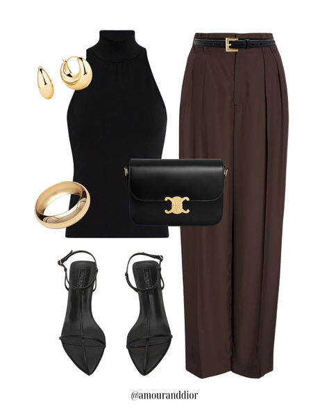 Leaning into fall in style 🍂 #brownpants #mockneck #turtleneck #celine #demellier #goldjewelry #trousers #falltrends #falloutfit #workoutfit #workwear #LTKFallSale Brown Linen Trousers Outfit, Mockneck Top Outfit, Brown Trousers Outfit Women, Workoutfit Workwear, Turtleneck Top Outfit, Sleeveless Turtleneck Outfit, Brown Trousers Outfit, Linen Trousers Outfit, Dior Style