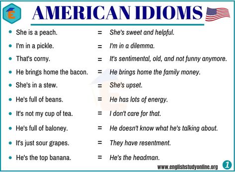 20+ Important American Idioms with Example Sentences - English Study Online American Idioms English Language, Idioms With Sentences, British And American Words, American Slang Words, Idioms In English, American Phrases, American Idioms, Slang English, American Slang