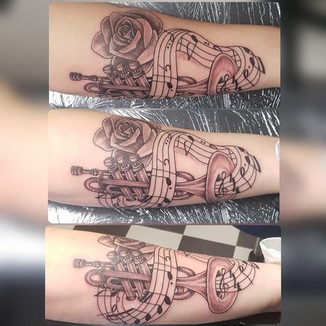 Trumpet with a rose and Ave Maria notes Pitch Black tat2 Netherlands! #tattoo #tattoos #beauty Trumpet Tattoo, Music Tattoo Designs, Music Tattoo, Memorial Tattoos, Music Notes, Nail Tips, Acrylic Nails, Tattoo Designs, Humanoid Sketch