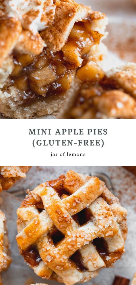 Two images of mini apple pies. Fall Desserts Gluten Free, Gluten Free Apple Recipes, Gluten Free Halloween Food, Jar Of Lemons, Gluten Free Apple Pie, Gluten Free Halloween, Cinnamon Apple Pie, Homemade Apple Pie Filling, Homemade Apple Pie