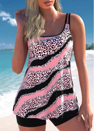 ROTITA Pink Scoop Neck Leopard Tankini Top | Rotita.com - USD $27.98 Tankinis For Women, Pink Tankini, Tankini With Shorts, Striped Tankini, Trendy Swimsuits, Tankini Swimsuits For Women, Swimsuits For Women, Printed Tankini