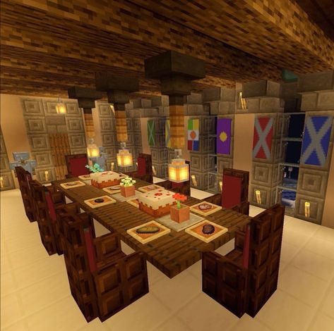 Minecraft Meeting Hall, Minecraft Dinner Table Ideas, Minecraft Meeting Room Ideas, Minecraft Meeting Room, Minecraft Dinner Table, Minecraft Mansion Interior, Minecraft Shrine, Dining Room Minecraft, Minecraft Dining Room