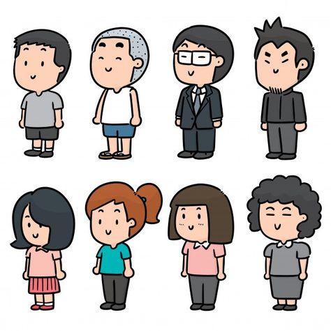 Conjunto de personas Vector Premium | Premium Vector #Freepik #vector #mujer #hombre #chica #dibujos-animados Doodle People Cute, Cute Animations Cartoon, Doodle People, Daily Planner Pages, Cartoon People, Japanese Calligraphy, Watercolor Art Lessons, Bullet Journal Doodles, Journal Doodles