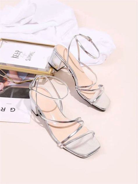 Holographic Ankle Strap Chunky Sandals for Sale Australia| New Collection Online| SHEIN Australia Prom Shoes Silver, Silver Low Heels, Summer Sandals Heels, Silver Wedding Shoes, Shein Shoes, Summer Heels, Chunky Sandals, Silver Sandals, Low Heel Shoes