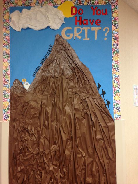 Grit bulletin board Mountain Adventure Classroom Theme, Mountain Bulletin Board Ideas, Grit Bulletin Board, Mountain Bulletin Board, Accountability Chart, Mountain Classroom, Camping Bulletin Boards, Adventure Classroom, Western Classroom