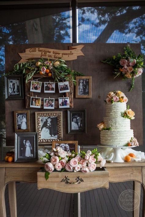 vintage photo display wedding ideas Home Wedding Ideas, Ideas Aniversario, Wedding Ideas On A Budget, Wedding Photo Display, Vintage Chic Wedding, Wedding Cake Display, 50th Wedding Anniversary Party, Wedding Anniversary Decorations, Deco Champetre