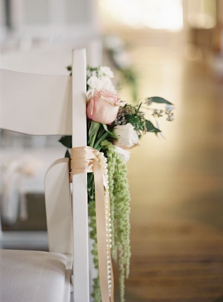 roses & pearls with satin ribbon for the ceremony aisle flowers. What is the green long flower/plant here? I'm obsessed. Bride Chair, Bouquet Holder, Aisle Flowers, Wedding Chair Decorations, Chair Decorations, Wedding Chairs, Nyc Wedding, Southern Wedding, Wedding Themes