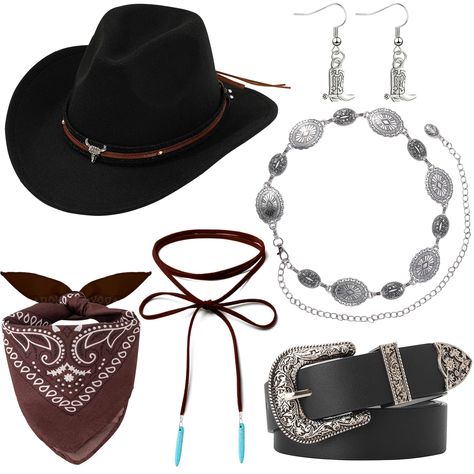 PRICES MAY VARY. COWGIRL ACCESSORIES FOR WOMEN: Our cowboy outfits for women include a black cowgirl hat, a pair of cowgirl earrings, cowgirl necklace, bandana and 2 cowgirl belts. Western cowboy costume allows people to experience western culture, making you feel like a real cowboy. The western cowgirl outfit women is enough to meet your decorative needs and create personalized outfits. Cowgirl costume for women makes you more attractive WESTERN COSTUME FOR WOMEN: The womens western outfit is m Spooky Cowgirl Costume, Western Costume Couple, Cowgirl Outfits Bandana, Cowgirl Bandana Outfit, Cowboy Hat Pins, Dark Cowgirl Outfits, Cute Cowgirl Outfits Halloween, Cowboy Halloween Costume Women, Women’s Western Wear