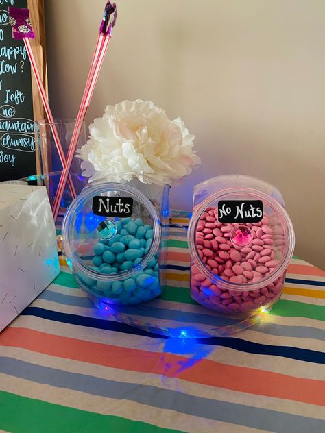 Fun Gender Reveal Decor. Nuts (peanut M&M’s) or No Nuts (regular M&M’s) Gender Reveal Sweets Table, Gender Reveal Snack Table, Gender Reveal Treat Table, Candy Gender Reveal, Gender Reveal Candy Table, Gender Reveal Candy, Gender Reveal Decor, Baby Gender Reveal Party Decorations, Pregnancy Gender