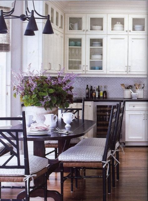 The Best Kitchen Colours For Your Home • One Brick At A Time Lilac Kitchen, Lavender Kitchen, Lavender Walls, Best Kitchen Colors, Cream Cabinets, Purple Kitchen, Glass Front Cabinets, Purple Decor, Purple Home