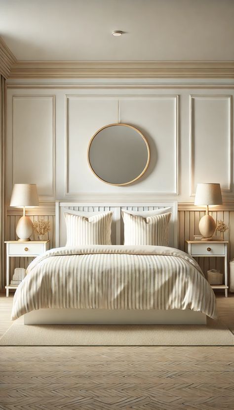 Revamp your space with this stunning home bedroom refresh! Soft neutral tones create a calming atmosphere, perfect for relaxation. The round mirror and symmetrical lamps add a touch of sophistication. Transform your room into a serene retreat. #HomeDecor #BedroomGoals #InteriorDesign Symmetrical Bedroom, Calming Atmosphere, Bedroom Goals, Elegant Home, Bedroom Refresh, Round Mirror, Elegant Homes, Cozy Bed, Round Mirrors