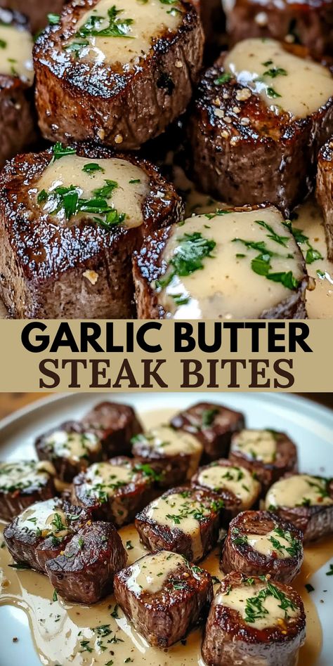 Garlic Butter Steak Bites with Parmesan Cream Sauce is a rich, flavorful dish perfect for a weeknight dinner or a special date night.  Tender steak bites are seared in a hot skillet, then smothered in a luxurious garlic butter sauce, followed by a creamy parmesan sauce. Quick and easy to make, this dish delivers delicious flavors in just 25 minutes. Dinner With Steak Bites, Easy Garlic Steak Bites, Quick Beef Meals, Easy To Cook Healthy Meals, Steak Tip Meals, Garlic Marinade For Steak, Steak Pieces Recipes Dinners, Garlic Parm Steak Bites, Garlic Bites Steak