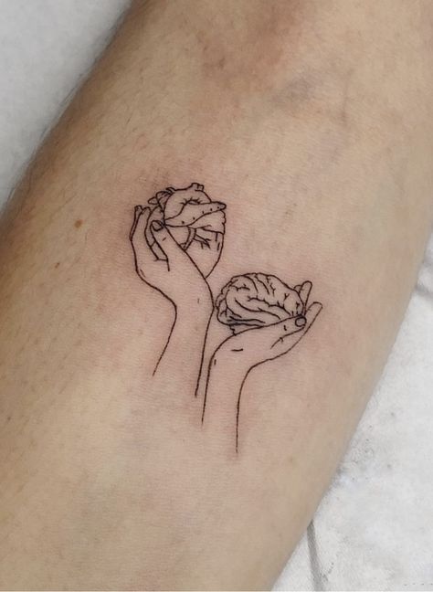 Healed Heart Tattoo Ideas, Head Over Heart Tattoo, It’s A Beautiful Day To Save Lives Tattoo, Self Love Minimalist Tattoo, Romantic Tattoos For Women, Coming Out Tattoo, Overthinking Tattoos For Women, Healing Heart Tattoo, Psychology Tattoo Minimalist