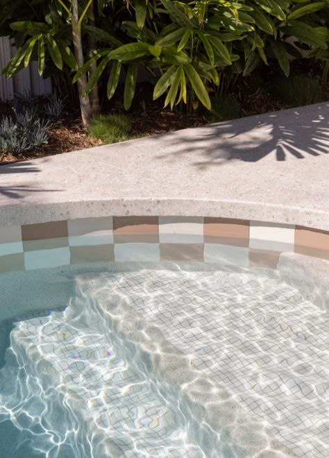 Everything about this pool is inviting. The shape, the water line checker tile, and the colour of the water. I just want to dive in! Checkered Pool, Checker Tile, Pool Diving Board, Tiled Pool, Diving Board, Pool Tile, Outdoor Ideas, The Colour, The Shape