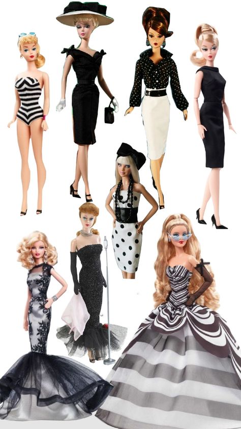 #barbie #retro #vintage #gown #barbiedoll #retrobarbie #blackand white #cute #vintagebarbie #barbiegirl #ootd #aesthetic Barbie Vintage Aesthetic, Retro Barbie Aesthetic, 1950 Barbie, 50s Barbie, 1950s Barbie, Singer Aesthetic, Barbie Land, Retro Barbie, Ootd Aesthetic