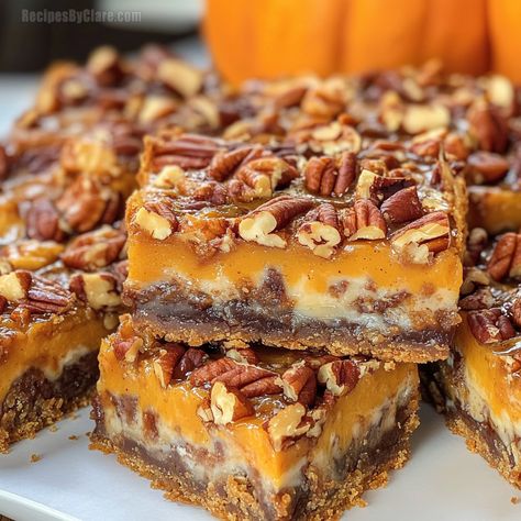 Pumpkin Magic Bars - Delicious, Sweet, and Chewy Fall Treat - Recipes By Clare Pumpkin Bars Small Batch, Pumpkin Caramel Bars, Pecan Pumpkin Bars, Chewy Pumpkin Bars, Magic Pumpkin Bars, Pumpkin Toffee Bars, Pecan Chewies Recipe, Pumpkin Pecan Bars, Pumpkin Magic Bars