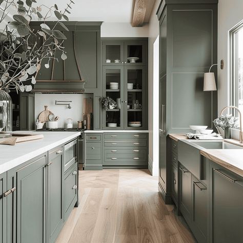 Dark Wood Floors Green Cabinets, Flooring With Green Cabinets, Cabinet And Flooring Combinations, Kitchen Colour Combination Ideas, Kitchen Cabinets And Flooring, Dark Brown Floor, Cupboard Colors, Kitchen Cabinets Color Combination, Wood Floor Colors