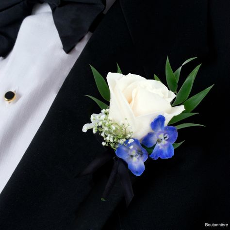 Cream Rose, Dark Blue Delphinium, Italian Ruscus, Million Star Gyp Blue Delphinium Boutonniere, Delphinium Boutonniere, Dark Blue Delphinium, Prom Corsage Blue, Ancaster Mill, Prom Flowers Bouquet, Hoco 2023, Wearable Flowers, Dance Flowers