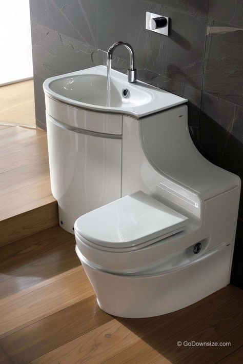 Here is another 2-in-1 toilet bowl with sink, this time situated in a bathroom that maximizes functionality in a compact space. Backyard Toilet Bathroom, Accent Walls Bathroom, Tiny House Toilet, Tiny Bathroom Sink, Small Bathroom Floor Plans, Space Saving Toilet, Small Bathroom Storage Ideas, Camper Bathroom, Bathroom Accent Wall