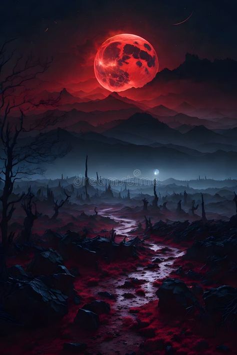 An enigmatic landscape veiled in mist, bathed in the eerie glow of a deep red blood moon. stock photos Blood Moon Aesthetic, Blood Moon Wallpaper, Cool Locations, Crimson Moon, Blood Red Moon, Blood Photos, Moon Base, Meaningful Paintings, Red Snow