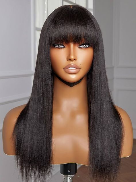 Amazon.com : YASGRL 16" Light Yaki Straight Human Hair Wig With Bangs Realistic Look HD Lace Glueless Wigs Human Hair Black Wig With Bangs 180 Density : Beauty & Personal Care Bangs Hairstyles Black Women, Black Wig With Bangs, Straight Human Hair Wig, Side Bangs Hairstyles, Glueless Wigs, Natural Black Women, Curly Hair Women, Wigs Human Hair, Curly Hair With Bangs