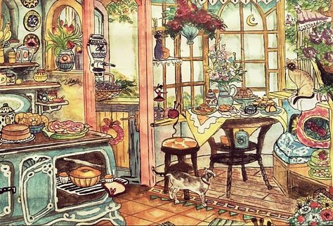 Paintings Of Kitchens, Cottage Illustration Fairytale, Cozy Cottage Drawing, Cottage Kitchen Drawing, Cozy Kitchen Illustration, Baking Art Illustration, Kitchen Illustration Drawings, Kitchen Illustration Art, Illustrated Kitchen