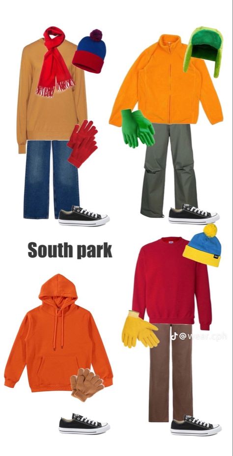 South Park Diy Costumes, Kyle South Park Costume, Kenny Halloween Costume, Kenny South Park Costume, Eric Cartman Costume, Eric Cartman Cosplay, Southpark Costume, Halloween Costumes With Jeans, Cartman Costume