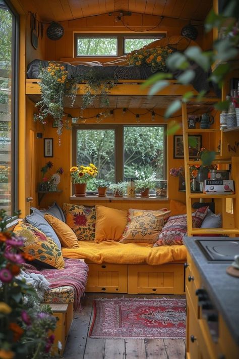 Funky Tiny House, Cottage Core Tiny House Interior, Maximalist Tiny House, Boho Tiny Home, Colorful Tiny House, Boho Tiny House, Bohemian House, Modern Tiny House, Tiny Spaces