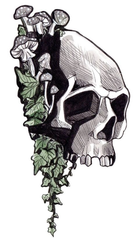 Skull with moss and mushrooms growing out the side# concept for inktober 2022 #inktober #inkdrawing #inktoberchallenge #drawtober #skull #tattooart #mushrooms #etsy #etsyshop #illustration #botanicalillustration #gouacheillustration #aesthetic #inkdrawing Mushroom And Skull Drawing, Skull And Plants Tattoo, Skull And Mushrooms Tattoo, Drawing Moss, Mushroom Skull Tattoo, Skull Mushroom Tattoo, 2022 Inktober, Mushroom Outfits, Skulls And Mushrooms