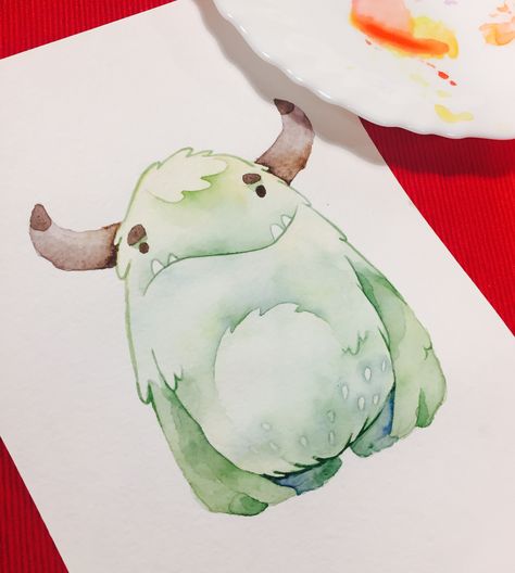 Watercolor cute monster Kawaii Monster Drawing, Friendly Monster Drawing, Cute Monster Sketch, Cute Creatures Drawing Monsters, Monster Cute Drawing, Monster Art Cute, Cute Monster Doodles, Cute Monster Drawing, Watercolor Creatures