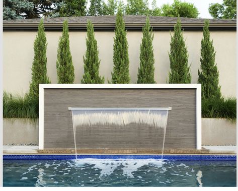 Water Feature Pool Waterfalls, Swimming Pool Water Features, Pool Fountains Waterfall, Pool Water Feature Wall, Pool Fountain Ideas, Swimming Pool With Waterfall, Pool Waterfall Ideas, Suburban Backyard, Water Cascade