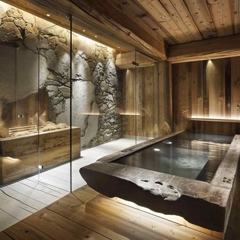 Huge Hot Tub, In House Sauna, Spa In House, Sauna Room In House, Sauna Bathroom Ideas, Hot Tub Indoor, House Sauna, Lodge Interiors, Sauna Bathroom Design