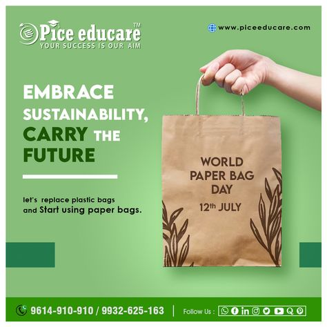 World Paper Bag Day is observed on July 12th each year to raise awareness about the benefits of using paper bags as an eco-friendly alternative to plastic bags. This special day encourages individuals, businesses, and communities to make a conscious choice to reduce plastic waste and promote sustainability. #WorldPaperBagDay International Plastic Bag Free Day, Biodegradable Waste, Vegetable Bag, Photoshop Design Ideas, Health Day, Environmental Health, Social Media Poster, Recycle Bag, Free Day