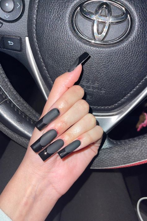 black french tip nails, matte nails, nail inspo, acrylic nails, black matte nails, black frenchies, matte nail ideas, nails inspiration Black Nails Half Matte, Mate Black French Tip Nails, Black French Tip Nails Matte And Glossy, Black Matte Glossy Tip, Black Matte French Nails, Matte Black Acrylics, Black Matte With Glossy Tips, Matt And Gloss Nails, Matte With Gloss Tip Nails