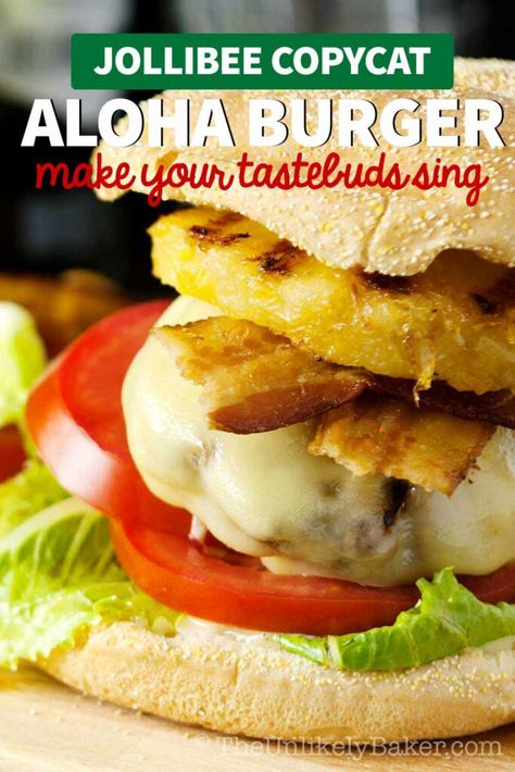 Aloha Burger Recipe (Jollibee Copycat, Almost!) - The Unlikely Baker Aloha Burger, Backyard Luau, Gourmet Burgers Recipes, Hawaiian Burger, Easy Filipino Recipes, Burger Patty, Burritos Recipe, Honey Mustard Sauce, Mustard Sauce