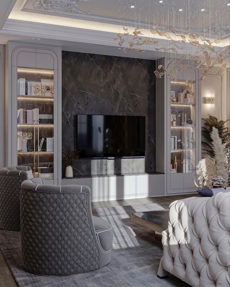 Neo Classic Tv Wall Design, Classic Interior Design Living Room, Tv Wall Ideas, Entertainment Units, Tv Room Design, House Arch Design, Home Theater Rooms, Tv Wall Unit, Tv Wall Design