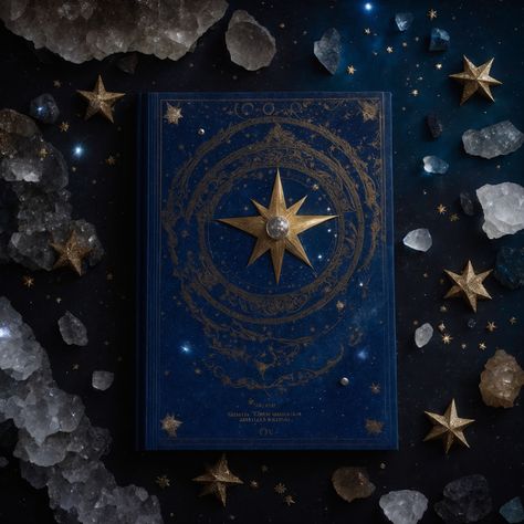 Bathed in the soft luminescence of moonlight, a celestial-themed grimoire lies nestled among quartz crystals. Shot with a Sony α7R IV, a prime lens at 50mm f/1.4 captures the contrast between the dark, star-patterned cover and the vibrant moon phases adorning its pages. The high dynamic range emphasizes the sparkling crystals and allows the stars to shimmer against the deep blue of the nocturnal sky, invoking a sense of the cosmic connection between the book and the heavens. Celestial Book Cover, Cosmic Witch Aesthetic, Nails Moon, Dark Celestial, Witch Aesthetics, Mona Megistus, Celestial Witch, Celestial Aesthetic, French Ideas