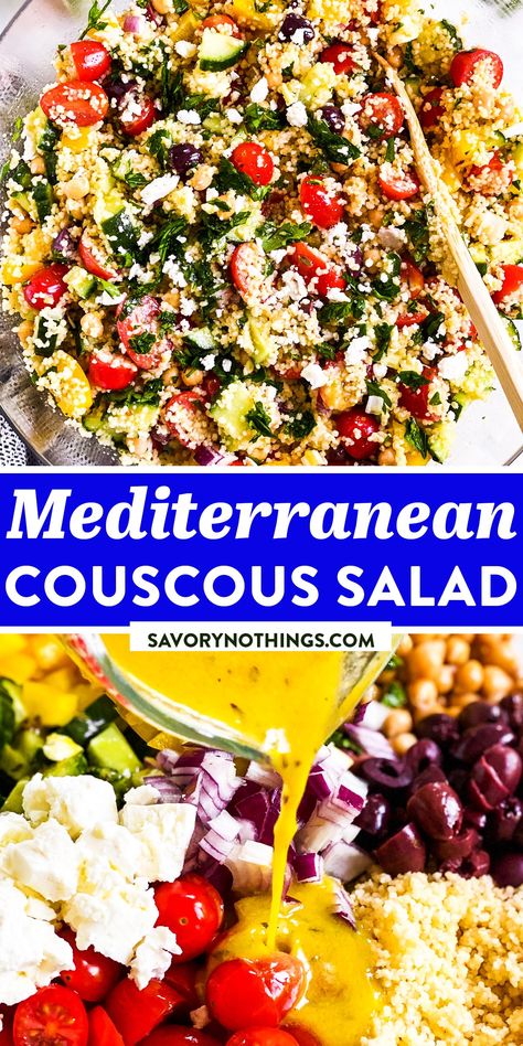 This Mediterranean Couscous Salad is easy to make and so refreshing for summer. It's filled with vegetables, Feta cheese, olives and a delicious vinaigrette dressing - great as a side dish for outdoor grilling! | #summerfood #summerrecipes #summercooking #sidedish #grilling #salad #saladrecipes Mediterranean Cous Cous Salad Recipes, Mediterranean Pearl Couscous Salad, Coucous Salad Recipes Feta, Pearl Cous Cous Salad, Halloumi Chicken, Couscous Salads, Mediterranean Ingredients, Feta Cucumber, Greek Couscous Salad