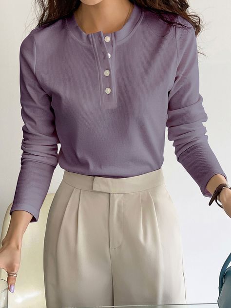 Mauve Purple Casual Collar Long Sleeve Fabric Plain  Embellished Medium Stretch Spring/Fall Women Clothing Office Wear Women, Uni Outfits, Work Wardrobe, Knit Tees, Casual Style Outfits, Classy Outfits, Casual Tops, Rib Knit, Womens Tees