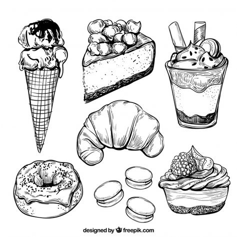 Sweets desserts collection in hand drawn... | Premium Vector #Freepik #vector #food #hand #cake #bakery 심플한 그림, Peisaj Urban, Food Sketch, Food Illustration Art, Object Drawing, Food Drawing, Ink Illustrations, Pen Art, Sweets Desserts